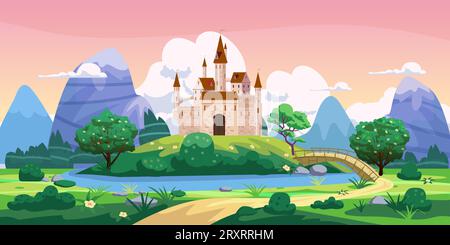 Paysage fantastique de château de conte de fées, collines vertes, arbres, printemps, route, montagnes, panorama. Illustration de fond de dessin animé vectoriel Illustration de Vecteur