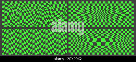 Motif en damier. Fond ondulé psychédélique noir et vert. Texture de gauchissement de grille abstraite. Échiquier Y2K conception géométrique rave. Vecteur Illustration de Vecteur