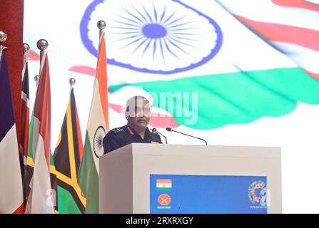 NEW DELHI, INDE - SEPTEMBRE 26 : le chef d'état-major de l'armée, le général Manoj Pande, s'adresse aux délégués lors de la 13e Conférence des chefs des armées indo-pacifiques (IPACC), le 26 septembre 2023 à New Delhi, en Inde. (Photo de Sanjeev Verma/Hindustan Times/Sipa USA) Banque D'Images