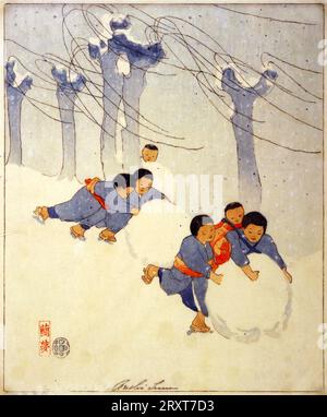 Bertha Boynton Lum : boules de neige, ca. 1913 enfants japonais roulant de grandes boules de neige, gravure sur bois par Bertha Boynton Lum, ca. 1913. Comme beaucoup d ' autres Occidentaux, à la fin des années 1890, Bertha Boynton Bull était fascinée par les gravures sur bois de couleur japonaises Banque D'Images