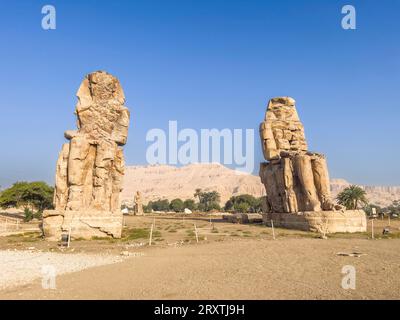 Les colosses de Memnon, des statues assises près de la Vallée des Rois, où pendant une période de 500 ans des tombes rocheuses ont été excavées pour les pharaons Banque D'Images