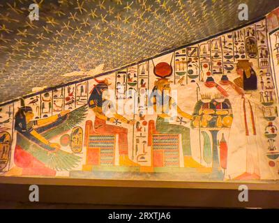 Reliefs et peintures dans la tombe de Néfertari, la Grande épouse du Pharaon Ramsès II, Vallée des reines, site du patrimoine mondial de l'UNESCO, Thèbes Banque D'Images