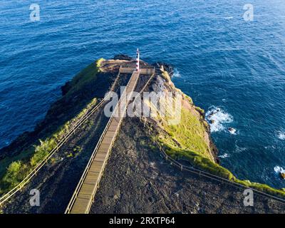 Vue aérienne du phare de Farolim dos Fenais da Ajuda sur une falaise, île de Sao Miguel, îles des Açores, Portugal, Atlantique, Europe Banque D'Images