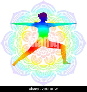 Posture de yoga silhouette colorée. Posture du guerrier 2. Virabhadrasana B. debout et en équilibre. Illustration vectorielle isolée. Fond Mandala. Illustration de Vecteur