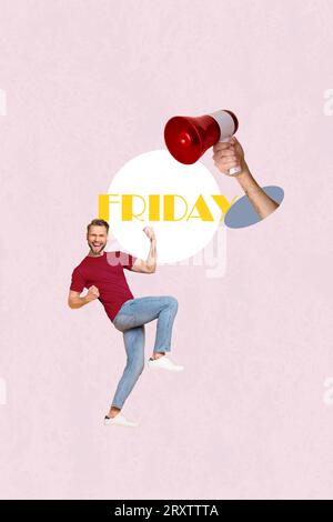 Collage 3d pinup pop rétro image de croquis de gars funky Rising poings célébrant vendredi fond de couleur rose isolé Banque D'Images