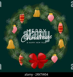 Couronne de Noël avec branches de sapin, guirlande décorée, boules de verre vintage et arc. Illustration vectorielle dans un style rétro Illustration de Vecteur