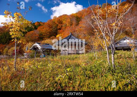 Beau temple japonais entouré de couleurs d'automne dorées et rouges, temple Osorezan Bodaiji, Mutsu, préfecture d'Aomori, Honshu, Japon, Asie Banque D'Images