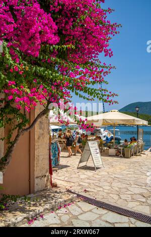 Vue des restaurants dans le port de Fiskardo, Fiskardo, Céphalonie, îles Ioniennes, îles grecques, Grèce, Europe Banque D'Images