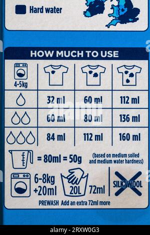 Quantité à utiliser - détail sur la boîte de Persil Non Bio doux à côté de la poudre de lavage pour peau sensible Banque D'Images