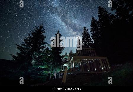 Photographie nocturne d'une maison résidentielle à ossature en bois en construction près de la forêt contre un ciel étoilé et la voie lactée. Début de la construction de maison confortable ou chalet sur le bord de la forêt. Banque D'Images