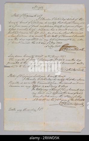 Certificat de liberté pour Joseph Trammell le 10 mai 1852 Banque D'Images