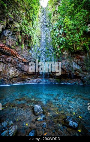 Vue panoramique sur le lagon à la fin du sentier de randonnée Levada das 25 Fontes, où une cascade descend les falaises envahies, Madère, Portugal Banque D'Images