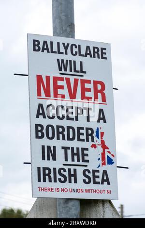 Signalisation contre le Brexit à la frontière de la mer d'Irlande pour le commerce de l'UE, Ballyclare, comté d'Antrim, Irlande du Nord. Banque D'Images