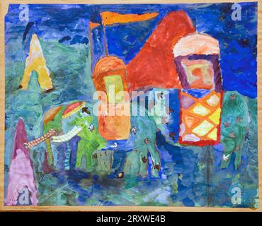 Peinture d'enfance par Homer Sykes âge 10 ans. Peint à l'école Downs, Colwall, Hereford. Maître d'art James Lynch. Peinture appelée 'Green Elephants' 1959, 1950s UK HOMER SYKES Banque D'Images