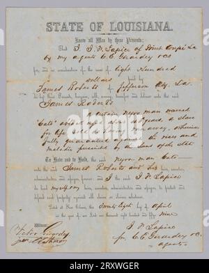 Cet acte de vente comporte un texte pré-imprimé et manuscrit qui fait état de l'achat d'un esclave nommé Cato (né en 1819) vendu par J. P. Lapier de Pointe Coupee, Louisiane, agent de C. E. Girardy & Co. À James Roberts de Jefferson City, Louisiane, pour 800,00 000 $ le 28 avril, 1859. Cato est décrit comme étant âgé d'environ quarante ans et a été « vendu comme s'étant enfui ». Le papier est plié en deux le long du côté gauche avec le verso de la feuille ouverte (pages intérieures pliées) vierge. Au dos de la page pliée est un texte manuscrit à l'encre identifiant la date, le vendeur, l'acheteur et asservi p Banque D'Images