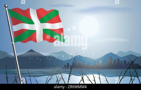 Drapeau des terres basques avec fond de soleil des montagnes et des lacs Illustration de Vecteur