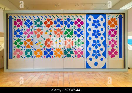 Vestibule de réception intérieur de l'aile moderne du bâtiment de la galerie du Musée Matisse à Nice, France. La grande image est fleurs et fruits. (135) Banque D'Images