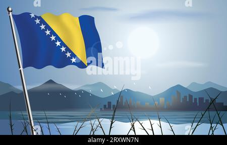 Drapeau de Bosnie-Herzégovine avec fond de soleil des montagnes et des lacs Illustration de Vecteur