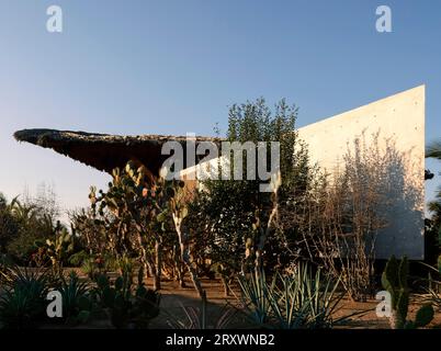 Maison principale avec toit de chaume de paille. Casa Leria, Puerto Escindido, Mexique. Architecte : TAC Taller Alberto Calleja , 2023. Banque D'Images