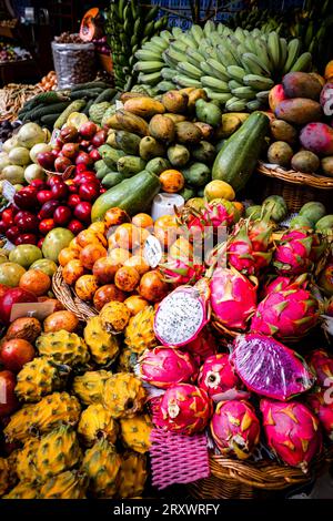 Belle vue sur un assortiment étonnant de fruits frais et exotiques au Mercado dos Lavradores (marché fermier) à Funchal, Madère, Portugal Banque D'Images