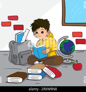 Illustration vectorielle d'un étudiant lisant un livre avec du matériel scolaire autour de lui pour la journée internationale des étudiants, la journée mondiale du livre, etc Illustration de Vecteur