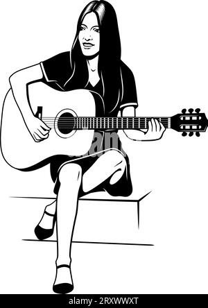 Silhouette de fille chantant et jouant sur la guitare acoustique. Clipart vectoriel de pochoir noir et blanc. Les escaliers sont l'objet séparé. Illustration de Vecteur