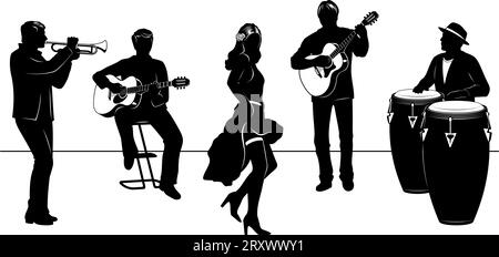 Ensemble de silhouette de Latin Band avec Dancer Girl. Quatre musiciens latins jouant de la guitare acoustique, de la trompette, des percussions, de la danse féminine. Tous les chiffres sont sepa Illustration de Vecteur