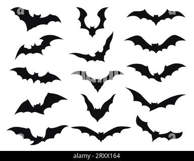 Silhouettes de chauves-souris d'Halloween pour les vacances de nuit d'horreur, icônes vectorielles de dessin animé. Halloween et Trick ou Treat décoration de fête de chauves-souris de vampire volantes noires silhouettes isolées pour les éléments de décoration Illustration de Vecteur