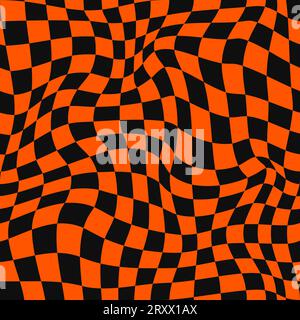 Motif psychédélique optique Halloween sans couture, fond ondulé sinueux. Vector damier arrière-plan de carrés noirs et orange avec illusion d'optique et texture groovy. Motif rétro de vacances Halloween Illustration de Vecteur