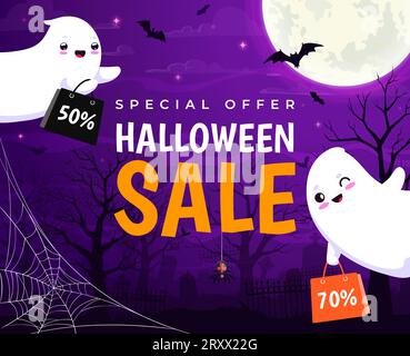 Bannière de vente Halloween avec des fantômes kawaii mignons volants. Contexte d'annonces vectorielles pour l'offre spéciale de réduction d'automne saisonnière avec de belles spooks de dessin animé au cimetière de nuit avec des silhouettes de pierres tombales et la lune Illustration de Vecteur