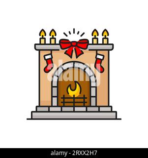 Cheminée en brique avec feu brûlant, icône de ligne de couleur. Cheminée de Noël de dessin animé vectoriel avec des chaussettes, cheminée avec des bougies du nouvel an et un arc Illustration de Vecteur