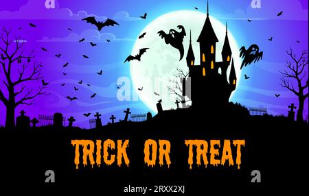 Silhouette de vecteur de paysage de château d'Halloween avec des fantômes et des chauves-souris. Halloween tour de vacances ou traiter horreur cimetière nocturne et maison hantée sous le ciel de minuit avec lune, arbres effrayants et pierres tombales Illustration de Vecteur