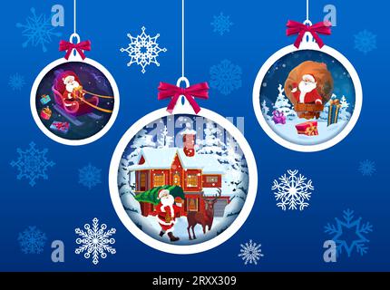Boules de Noël en papier découpé avec Père Noël. Vector 3d effets cadres ronds en forme de jouets de Noël accrochent sur des cordes avec le traîneau d'équitation Père Noel, transportent le pin de vacances et le sac avec des cadeaux en bois Illustration de Vecteur