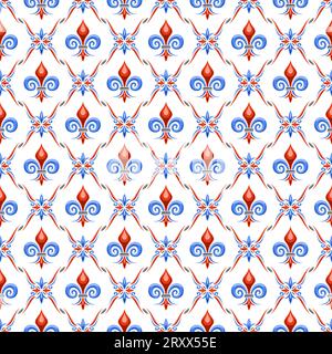 Vector Fleur de LIS Seamless Pattern, répéter l'arrière-plan avec des illustrations de motif de treillis et de fleur de lis dans les cellules de losange, affiche carrée avec RE Illustration de Vecteur