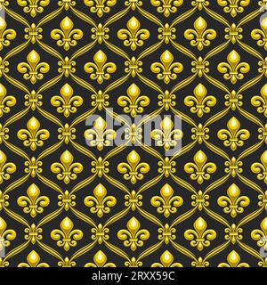 Vector Fleur de LIS Seamless Pattern, répétition carrée arrière-plan avec des illustrations de motif de treillis et de fleur de lis française jaune dans les cellules de losange o Illustration de Vecteur