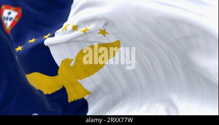 Gros plan du drapeau des Açores ondulant dans le vent. Une des deux régions autonomes du Portugal. rendu d'illustration 3d. Mise au point sélective. Ondulations texturées Banque D'Images