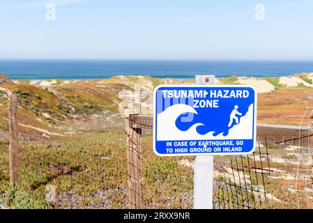 Gros plan du panneau d'avertissement de tsunami le long d'un chemin à travers la dunse de sable côtière par une journée ensoleillée d'automne Banque D'Images