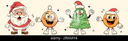 Personnages de Noël hippie groovy. Sapin de Noël, Père Noël et boules dans le style de dessin animé rétro. Illustration vectorielle. Illustration de Vecteur