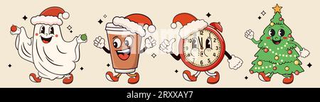 Personnages de Noël hippie groovy. Arbre de Noël, café dans le style de bande dessinée rétro à la mode. Illustration vectorielle. Illustration de Vecteur