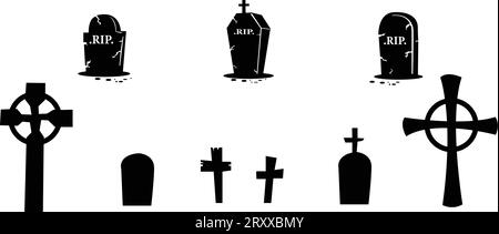 Creepy Halloween Graveyard Headstones Coffins Trees Fences Zombies silhouettes Illustration de Vecteur