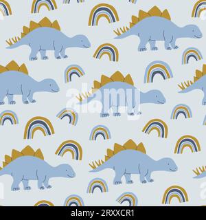 Motif vectoriel mignon avec des dinosaures et des arcs-en-ciel dans des couleurs bleu pastel. Motif enfants Dino. Illustration vectorielle Illustration de Vecteur
