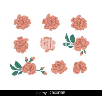 Ensemble vectoriel de pétales de roses roses isolé sur blanc. Roses clipart. Illustration vectorielle Illustration de Vecteur
