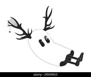 Fantôme mignon portant des bois de cerf personnage de dessin animé en ligne 2D noir et blanc Illustration de Vecteur