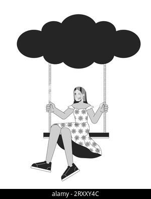 Fille heureuse sur la balançoire suspendue à partir du concept d'illustration 2D noir et blanc de nuage Illustration de Vecteur