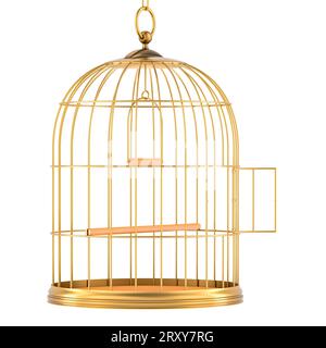 Golden cage à oiseaux avec porte ouverte, rendu 3D isolé sur fond blanc Banque D'Images