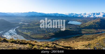 Panorama du lac Hayes, de la rivière Kawarau et de la rivière Shotover près de Queenstown, Otago, Nouvelle-Zélande Banque D'Images