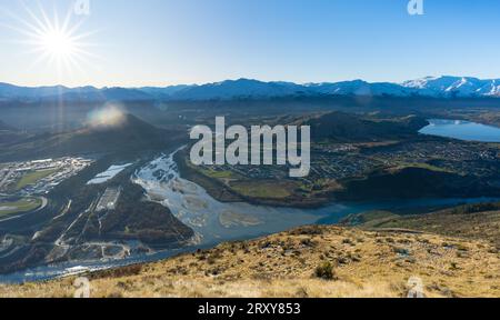 Panorama du lac Hayes, de la rivière Kawarau et de la rivière Shotover près de Queenstown, Otago, Nouvelle-Zélande Banque D'Images