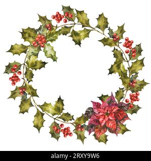 Couronne de Noël de houx et branches de GUI avec baies. Peinture aquarelle originale. Banque D'Images