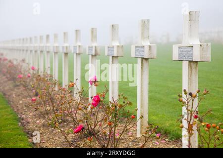 Le brouillard entoure les tombes des soldats morts pendant la première Guerre mondiale à Douaumont Ossuary, Verdun France. Banque D'Images