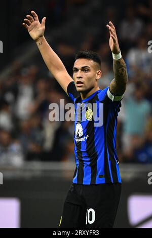 Lautaro Martinez du FC Internazionale semble déprimé et réagit en action lors du match de football italien de Serie A FC Internazionale vs Sassuolo au stade San Siro de Milan, Italie, le 27 septembre 2023 Banque D'Images